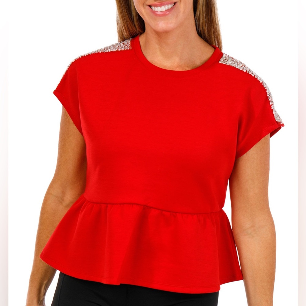 Cupio nwt size large Red Womens Short Sleeve Pearl Trim Peplum Top
